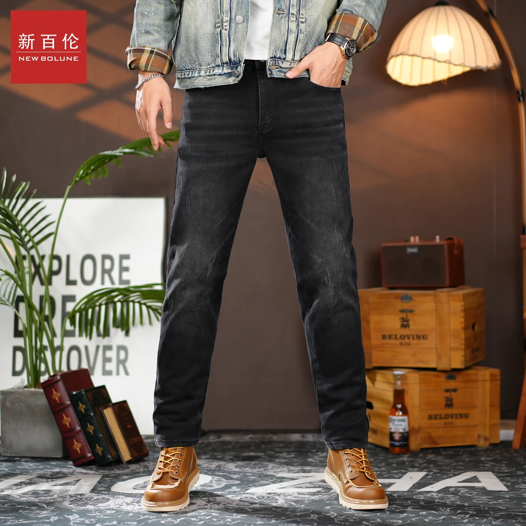 新百伦秋冬新款男士牛仔裤长裤修身小直筒黑灰色简约不简单男牛仔
