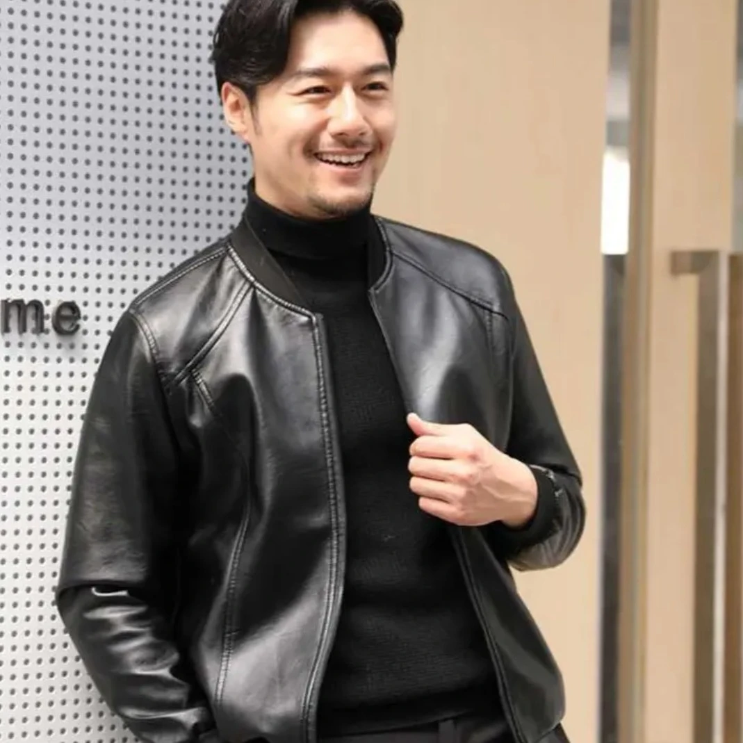 2023加绒加厚休闲皮衣皮夹克外套棒球时尚男款秋冬黑色男士棒球领