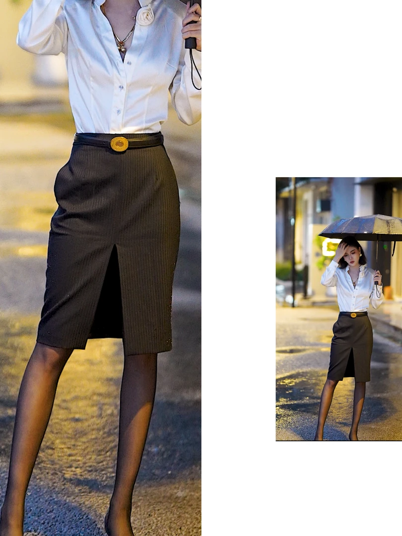 智嫣女装 原创时尚气质 百搭秋款 设计感显瘦开叉直筒裙 2916