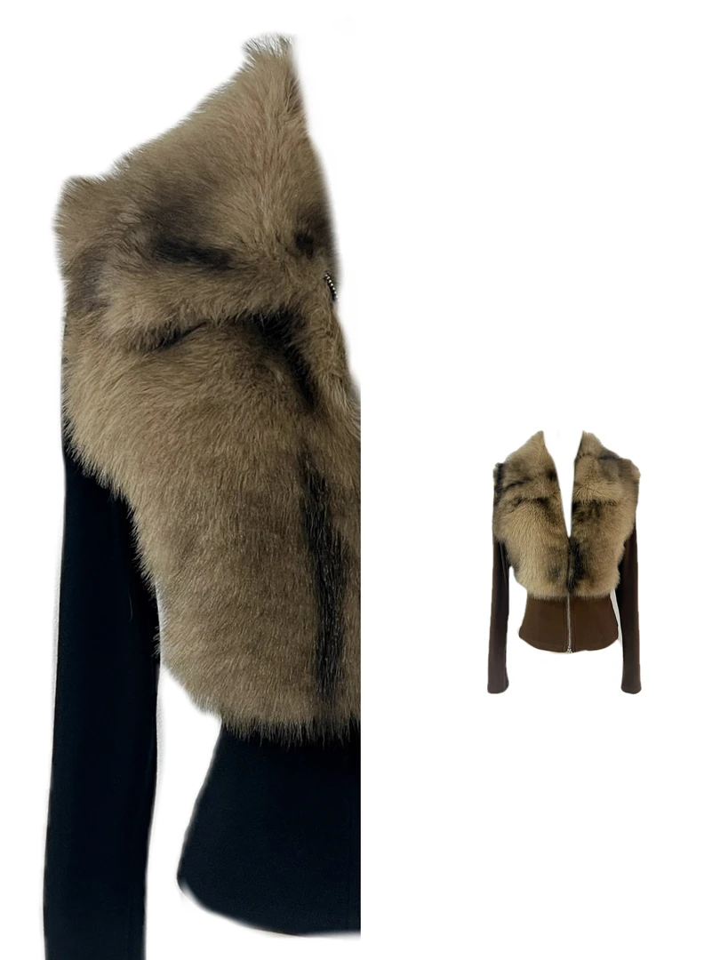 z030原创针织毛领拼接拉链衬衫打底