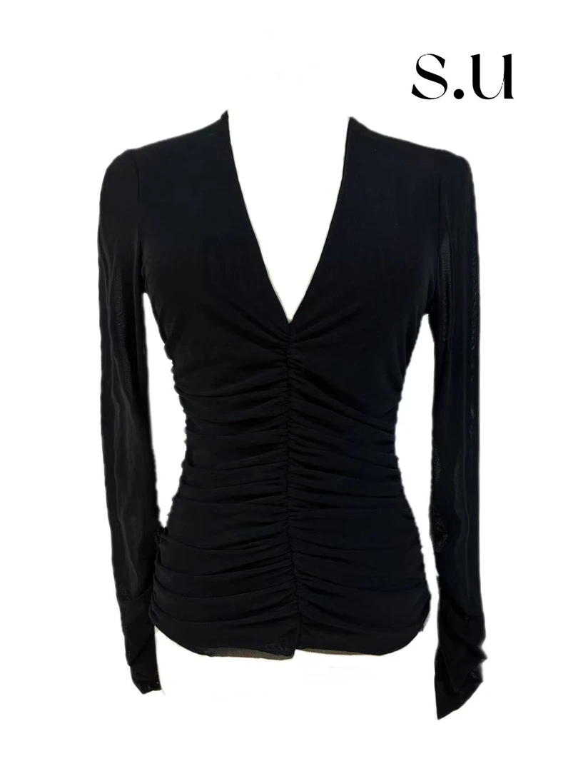 8060长袖褶皱收腰T恤打底衫百搭黑色修身气质