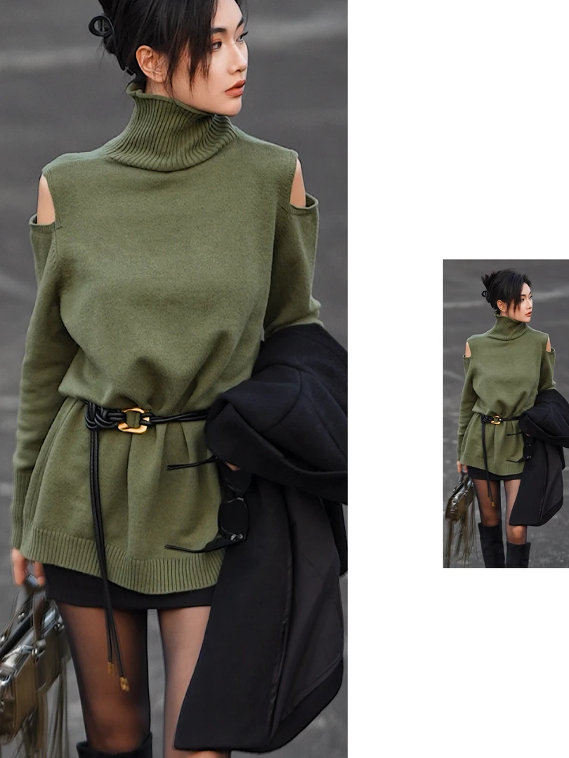z060原创高领露肩针织毛衣（配腰带）