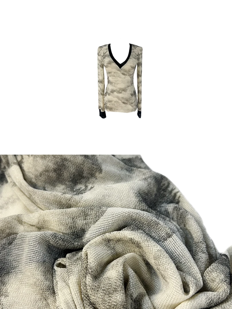 8086晕染水墨画V领T恤小众外穿内搭长袖上衣