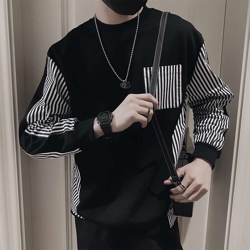 高级感圆领卫衣男士潮流条纹拼接长袖T恤春秋季潮牌痞帅上衣外套