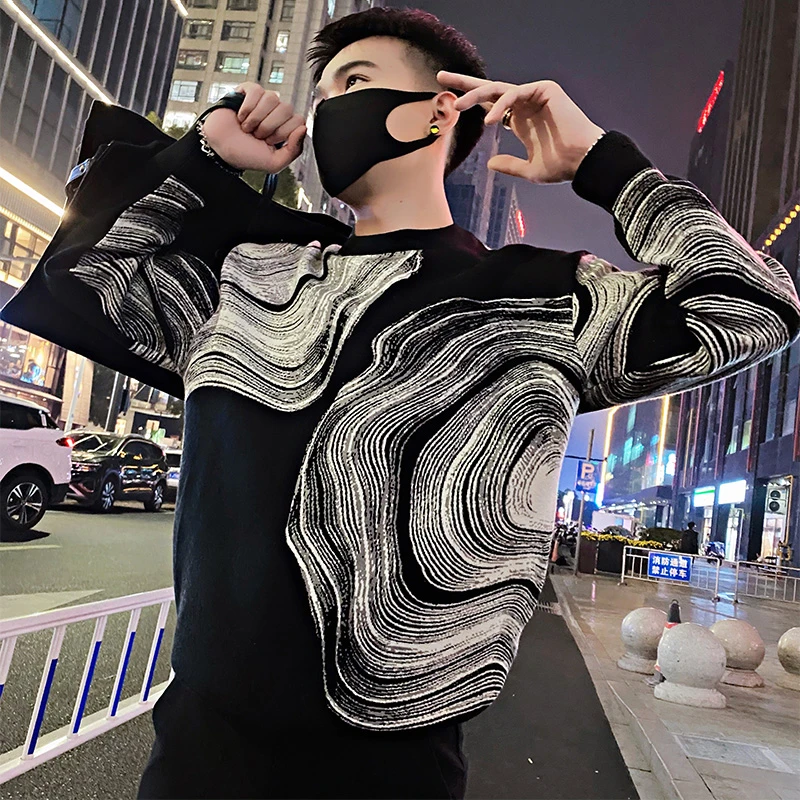 个性条纹毛衣男痞帅潮牌打底衫长袖秋冬季设计感针织衫新款内搭帅