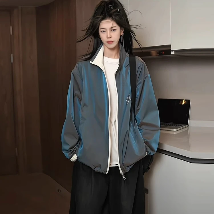 渐变色双面穿外套男春秋款立领美式棒球夹克设计感情侣软壳冲锋衣
