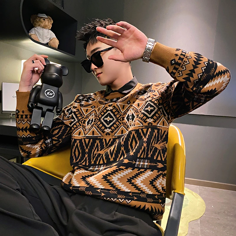 2023男士秋冬新款花纹假两件毛衣时尚百搭休闲衬衫领拼接男针织衫