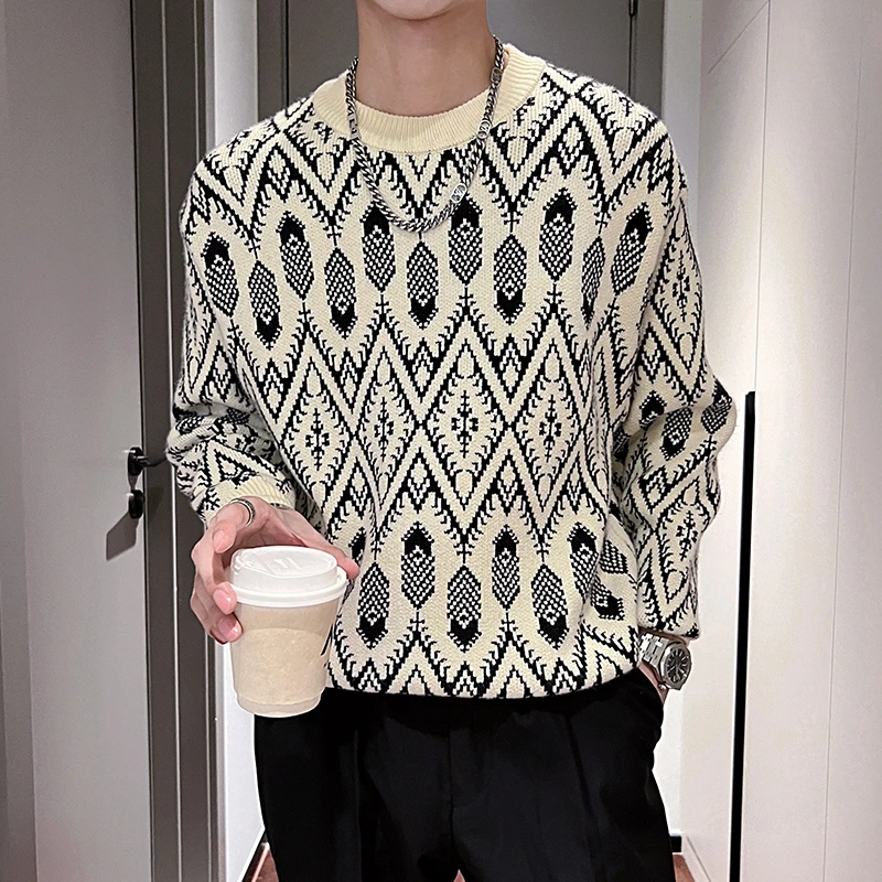 高级感毛衣男士潮牌长袖打底衫秋冬季2023新款痞帅民族印花针织衫