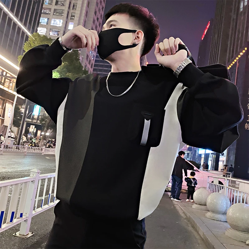 撞色拼接重磅卫衣男款春季无帽圆领外套痞帅高级感潮牌男装长袖衫