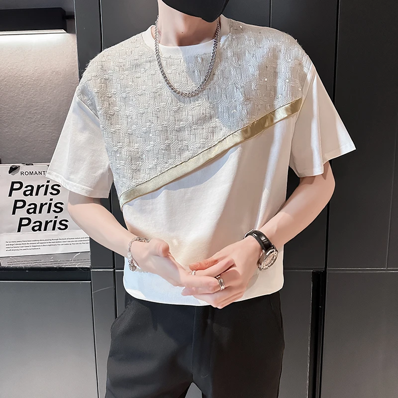 高级感拼接T恤男夏季潮牌短袖2023新款潮流休闲衣服痞帅圆领半袖t