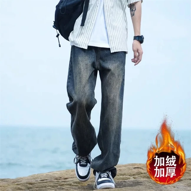 孤品美式牛仔裤潮流做旧直筒百搭复古高街宽松破洞水洗冬季加绒