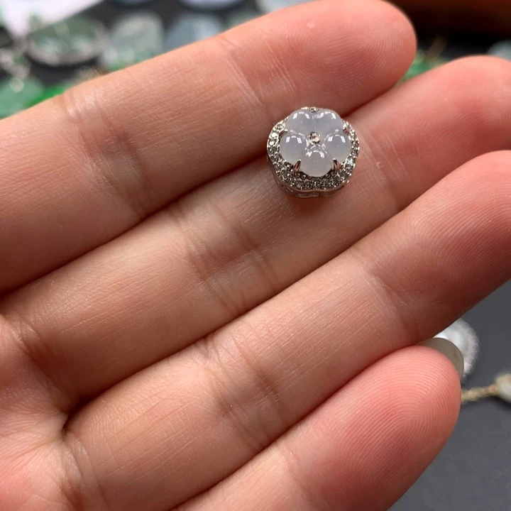 翡翠耳饰银S925镶嵌翡翠提溜花花