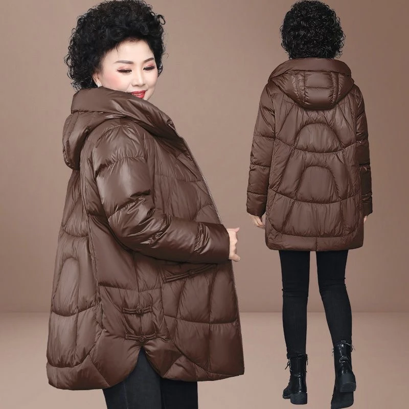 中老年大码女装棉衣中长款时尚冬装连帽外套宽松加厚韩版洋气冬季