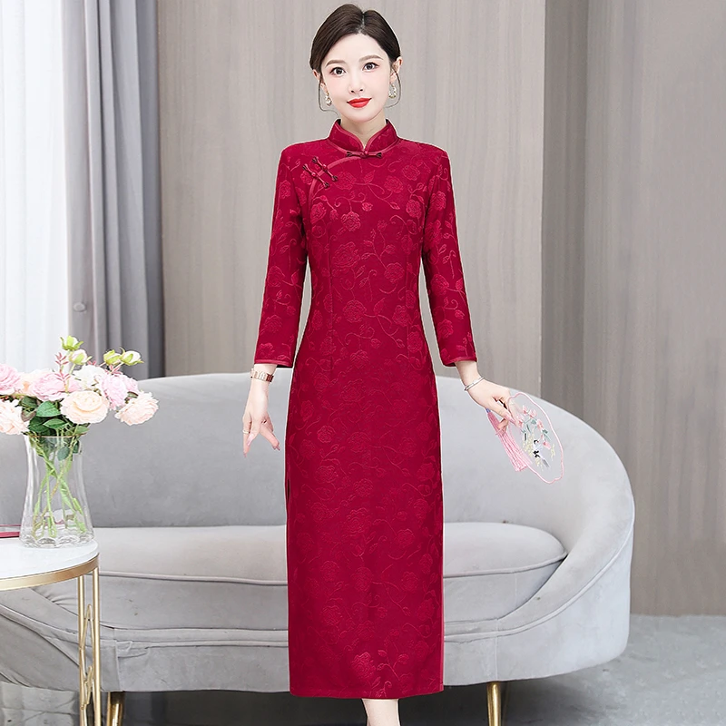 旗袍秋冬季新款女红色喜婆婆婚宴妈妈装长款修身显瘦高贵礼服长裙