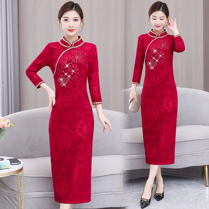 红色旗袍连衣裙高端喜婆婆婚宴装春秋季长款修身减龄高贵婚宴礼服
