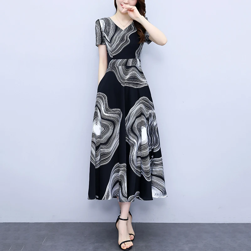 有口袋印花真丝连衣裙2025新款夏季长款修身洋气质时尚大摆长裙子