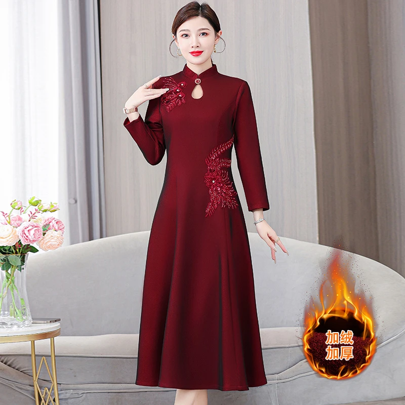 加绒高端喜婆婆婚宴会旗袍高贵礼服秋冬季长款修身红色妈妈装裙子
