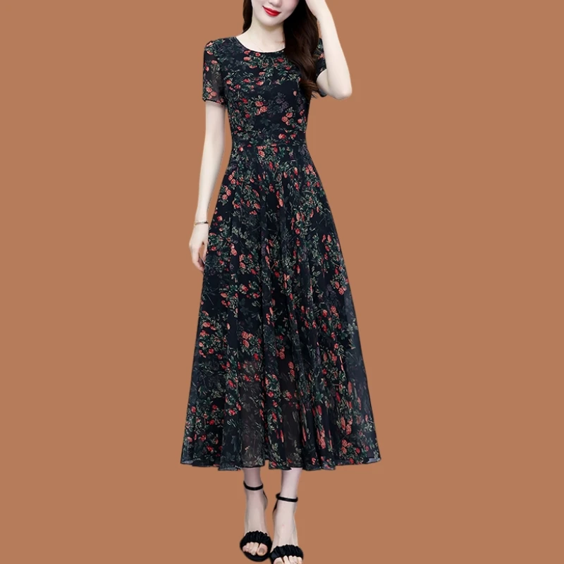 高档碎花桑蚕丝连衣裙2025新款夏季短袖长款妈妈装显瘦大摆长裙子