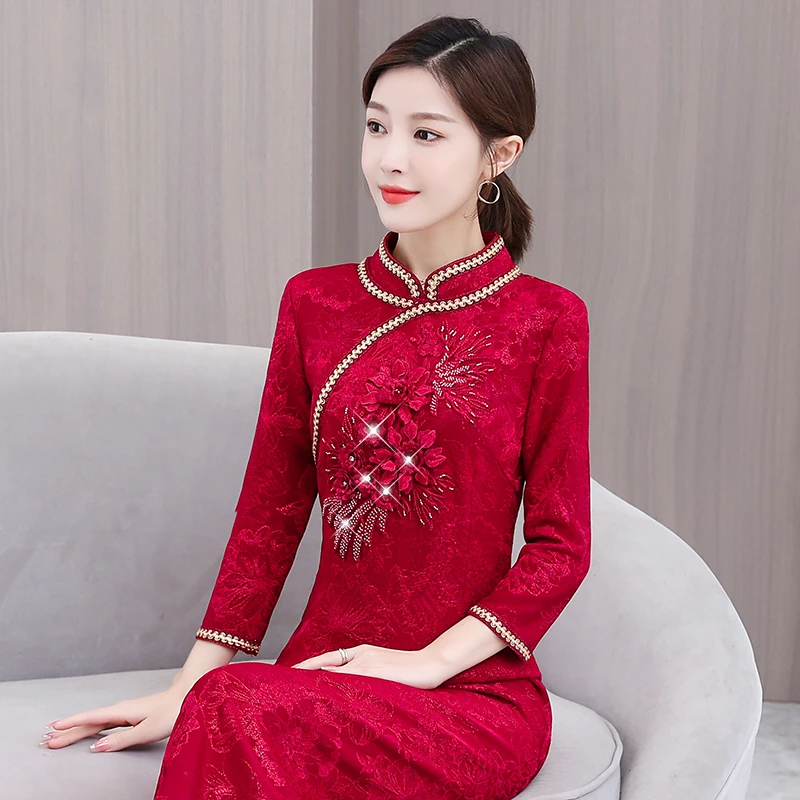 春装刺绣喜婆婆婚宴春秋季妈妈装高贵旗袍连衣裙礼服长款修身长裙