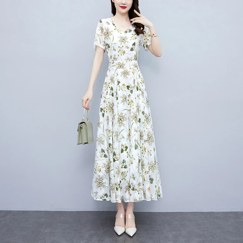 高端女装碎花雪纺连衣裙新款夏季短袖提花长款收腰仙女大摆长裙子