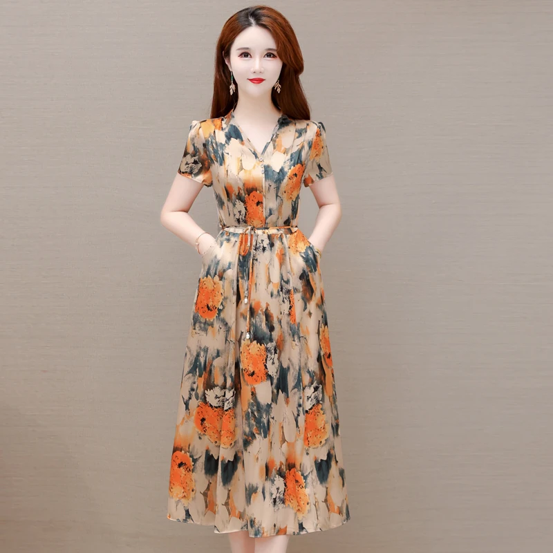 有口袋短袖桑蚕丝连衣裙新款高档妈妈中长款系带收腰显瘦碎花裙子