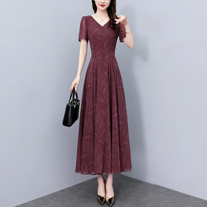 红色真丝连衣裙女夏季2025新款长款显瘦洋气中年妈妈装大摆长裙子