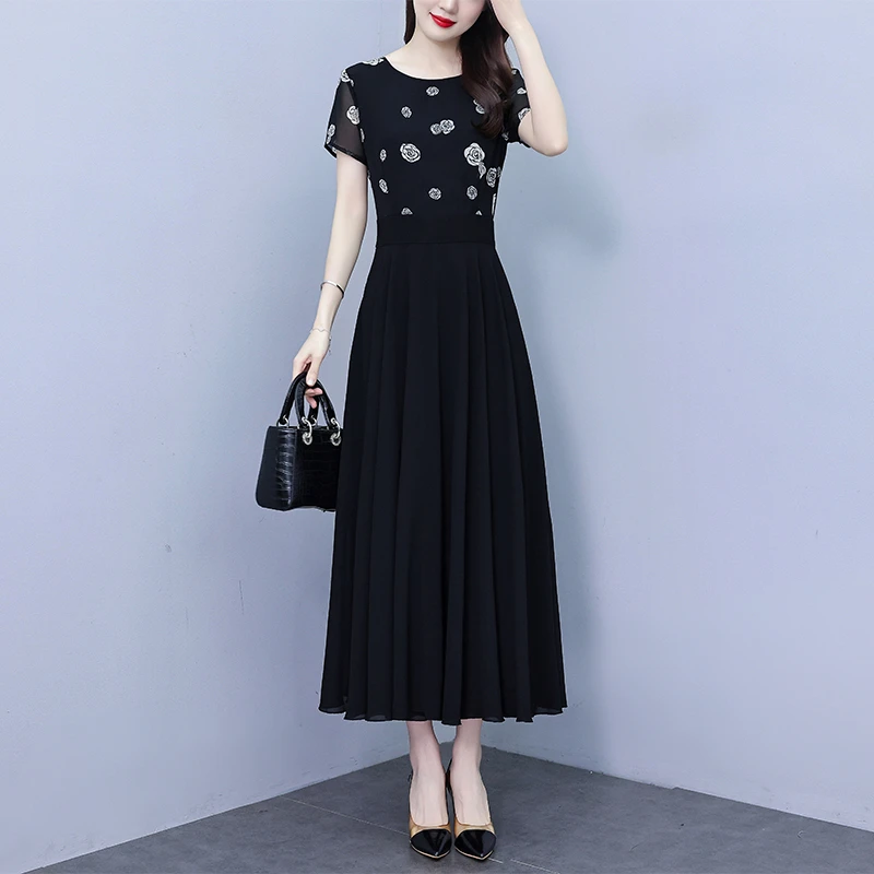 广州十三行裙子印花真丝连衣裙女夏2025新款长款修身拼接大摆长裙