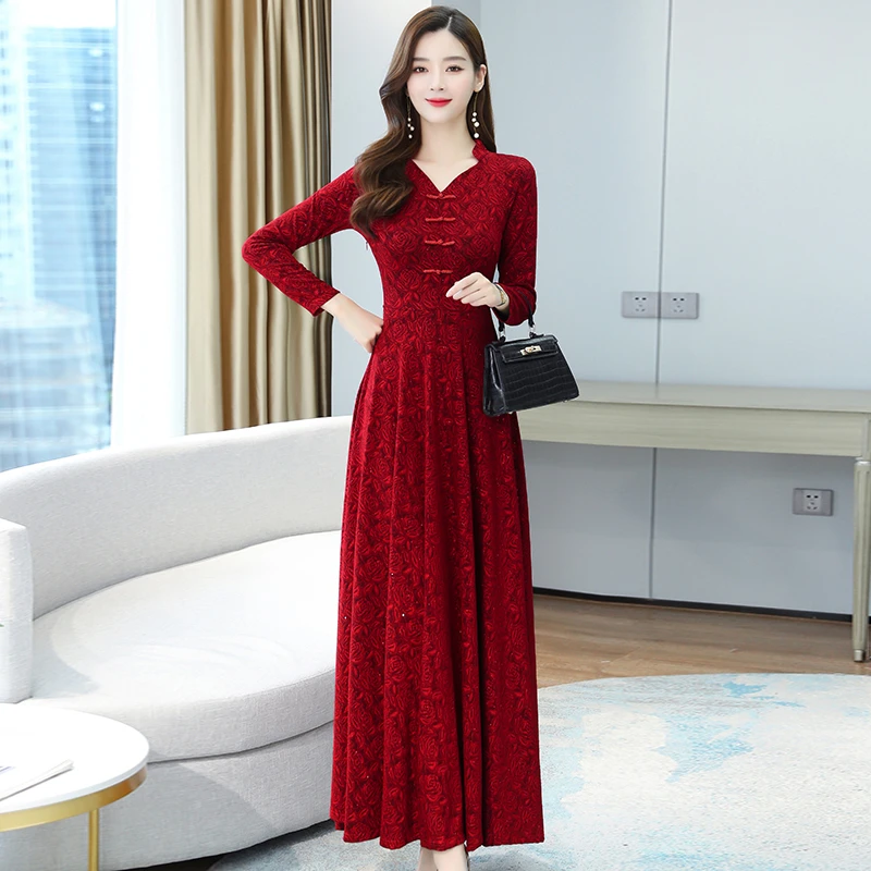 改良旗袍裙连衣裙长款收腰显瘦妈妈春秋长袖复古打底秋冬大摆长裙