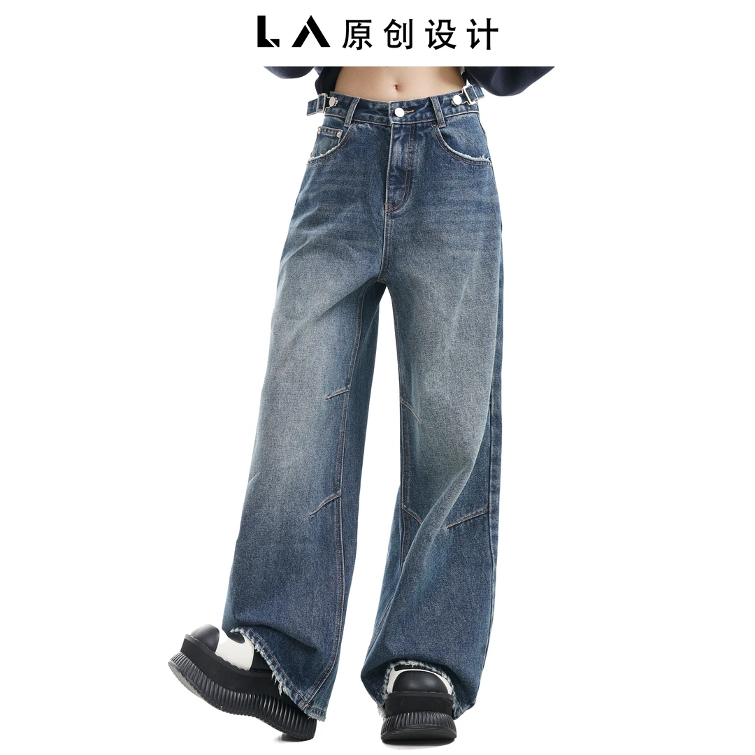 LA原创[新]秋冬款加绒工装复古设计感水洗牛仔裤
