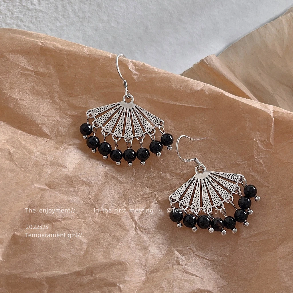 925银耳饰 民族风实物很美~扇形流苏黑色气质优雅耳饰手工925银针