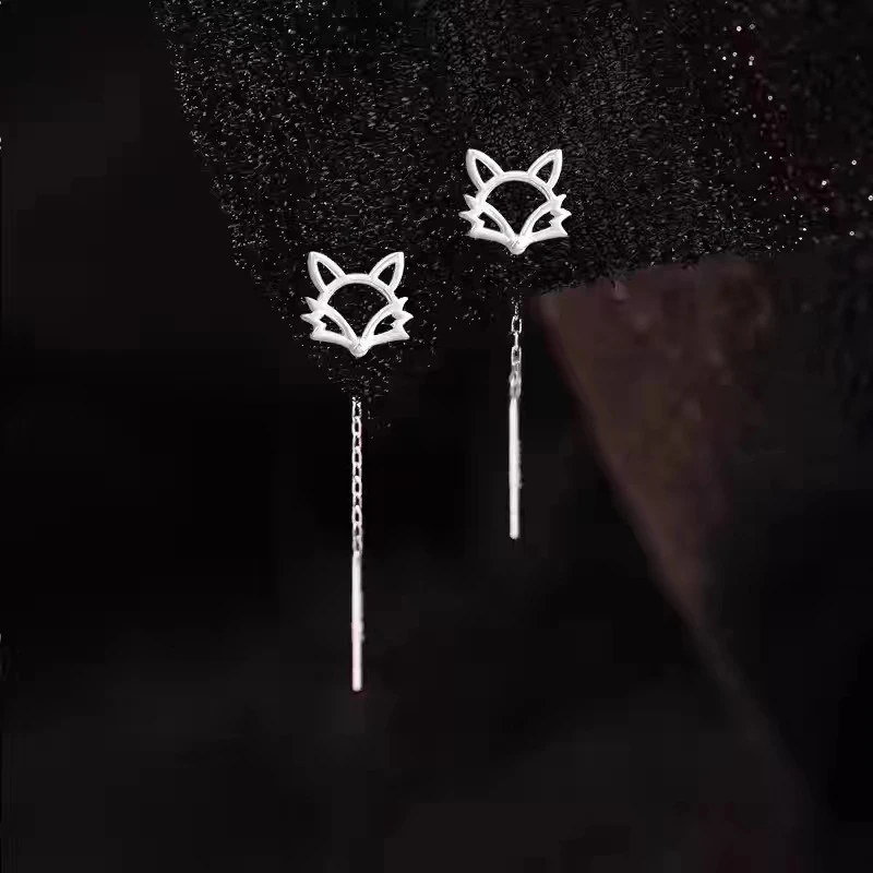 足银耳饰 S999纯银狐狸耳线女耳坠小清新流苏链条甜美小众韩版韩