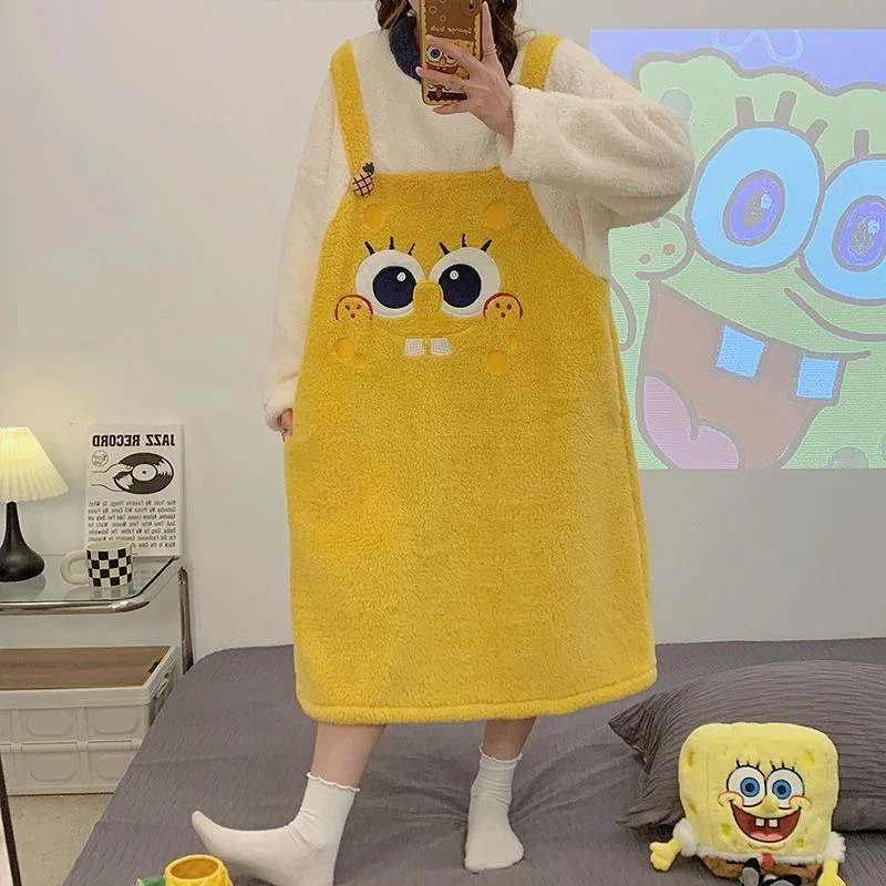 卡通海绵宝宝睡裙女士珊瑚绒睡衣2023年新款秋冬季学生加厚家居服