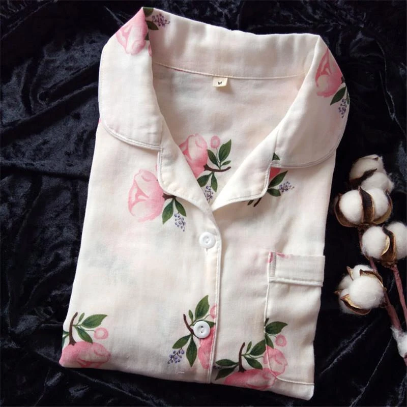 日系睡衣纯棉秋双层纱布女士薄款长袖春夏开衫全棉家居服舒适套装