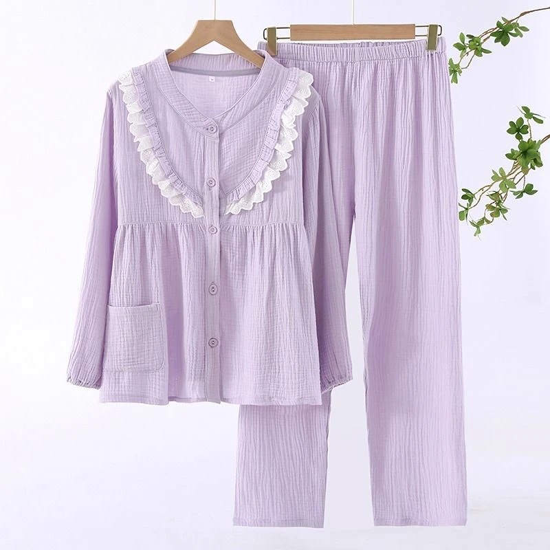 纯棉纱布睡衣女长袖春秋季夏薄款开衫甜美少女花边空调家居服套装