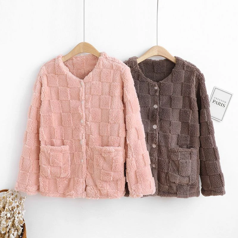 珊瑚绒睡衣女上衣单件秋冬季法兰绒外套家居服加绒加厚保暖可外穿