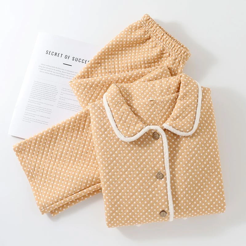 甜美风空气层纯棉秋冬季加厚睡衣女三层加厚可外穿长袖家居服套装