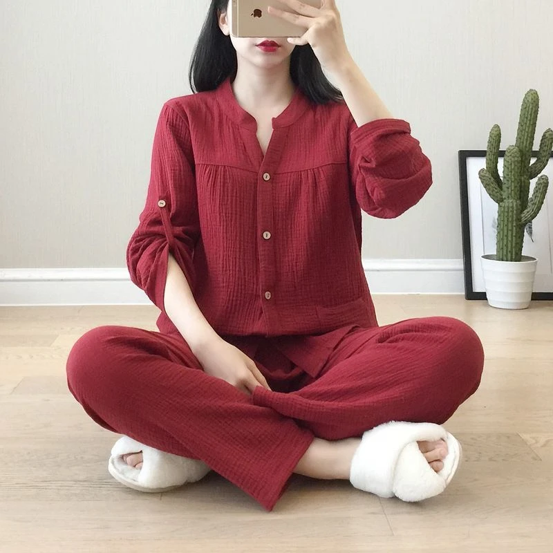 中式睡衣2024新款长袖女中年秋季棉麻薄款纯棉纱布汗蒸春秋家居服