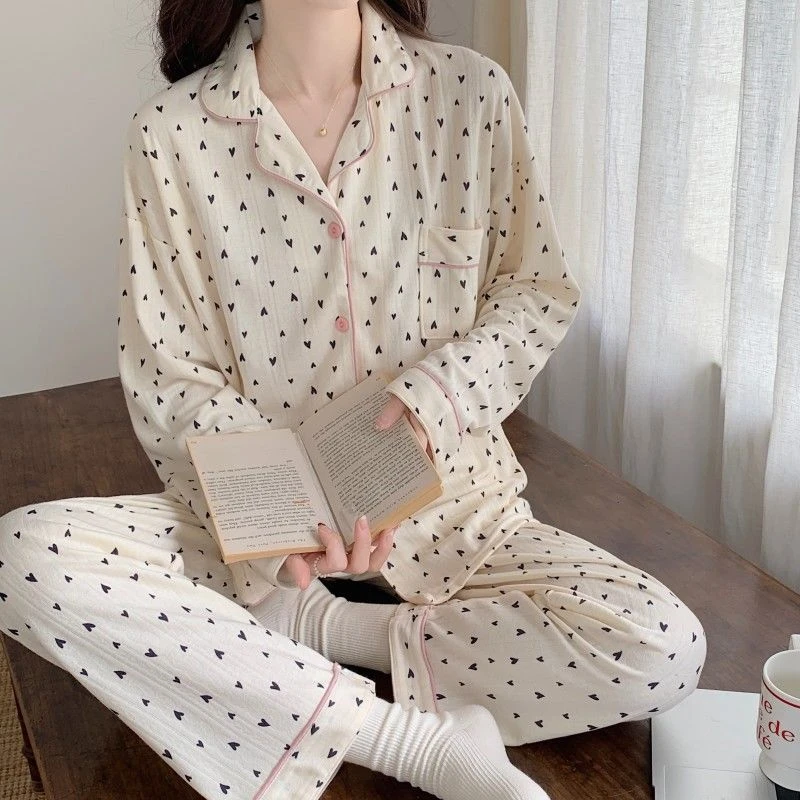 法式爱心睡衣女春秋季纯棉开衫高级感长袖长裤家居服纯欲两件套装