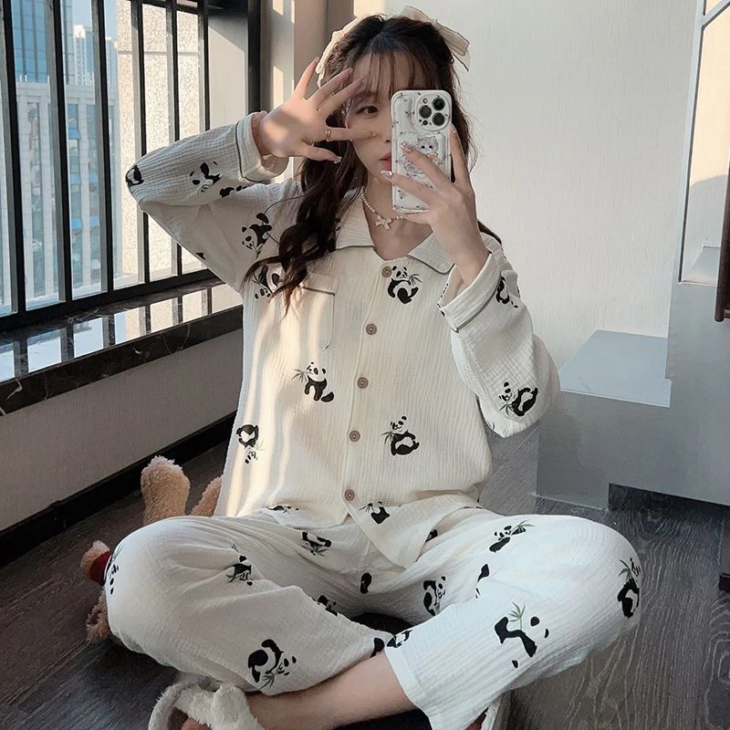 甜美可爱熊猫印花睡衣女春季薄款纯棉纱布长袖长裤家居服套装春秋