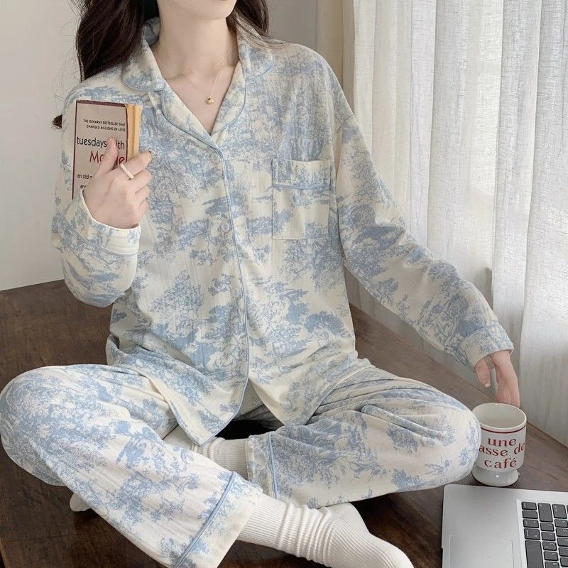 睡衣女2023年新款春秋冬季山水画长袖开衫纯棉休闲外穿家居服套装