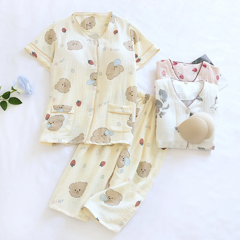 带胸垫睡衣女士夏季纯棉双层纱布短袖七分裤两件套夏天薄款家居服