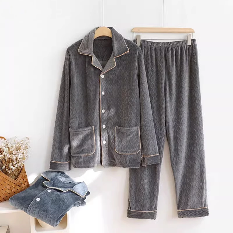 男士睡衣冬季加绒法兰绒大码秋冬男款珊瑚绒家居服套装海岛绒提花