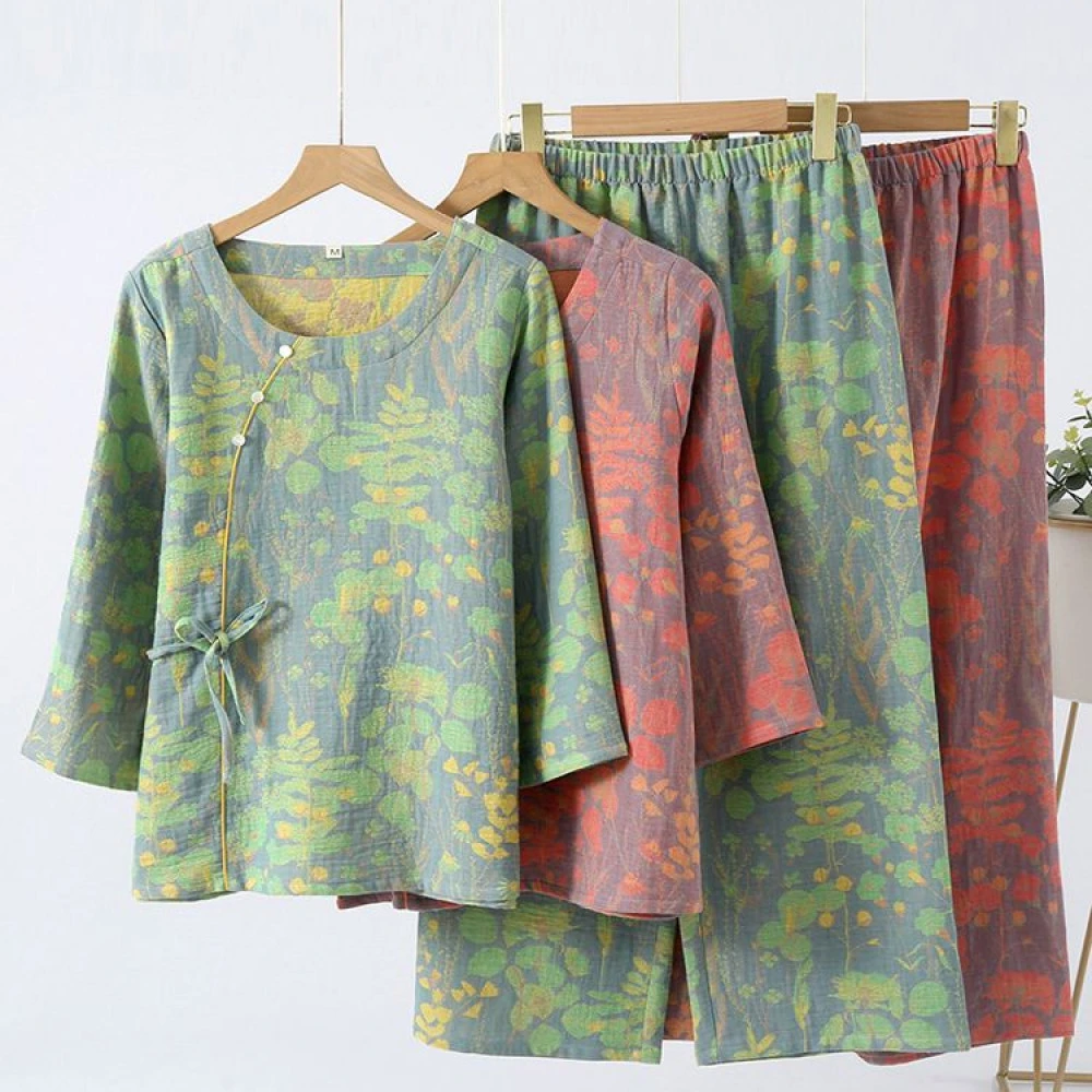 中式国风双层纯棉纱布睡衣女春秋季全棉七分袖夏薄款九分裤家居服