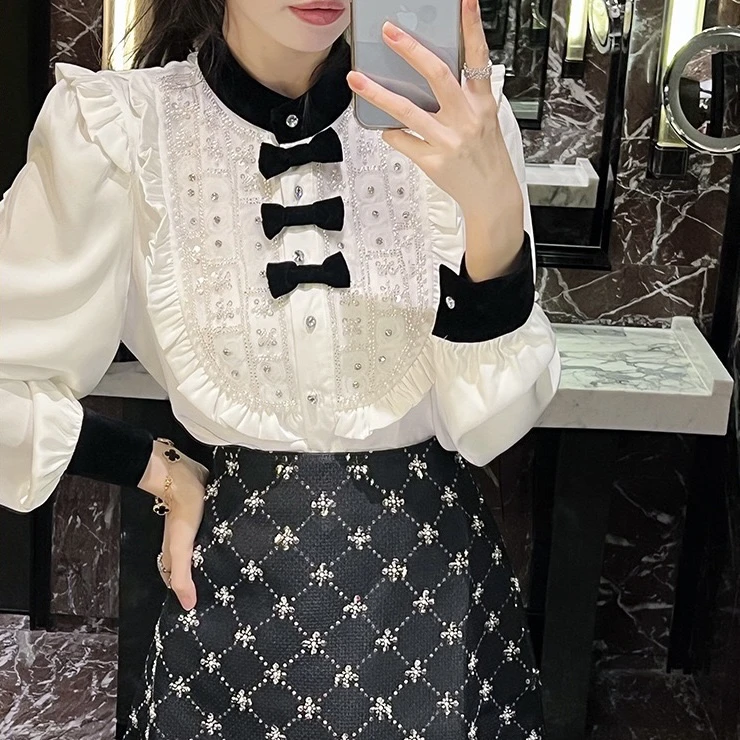 【Sally】特价 高端气质钉钻木耳边小众长袖衬衫