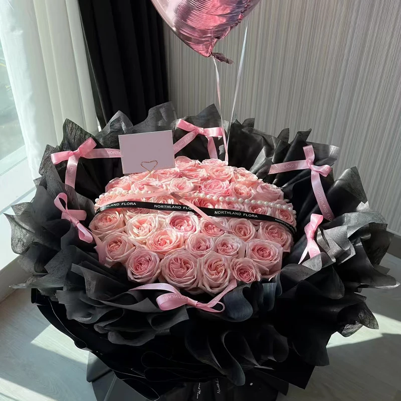 ♥【思恋】33粉荔枝玫瑰搭配白色满天星花束生日表白约会花束，芭蕾风赠气球鲜花速递同城配送a3