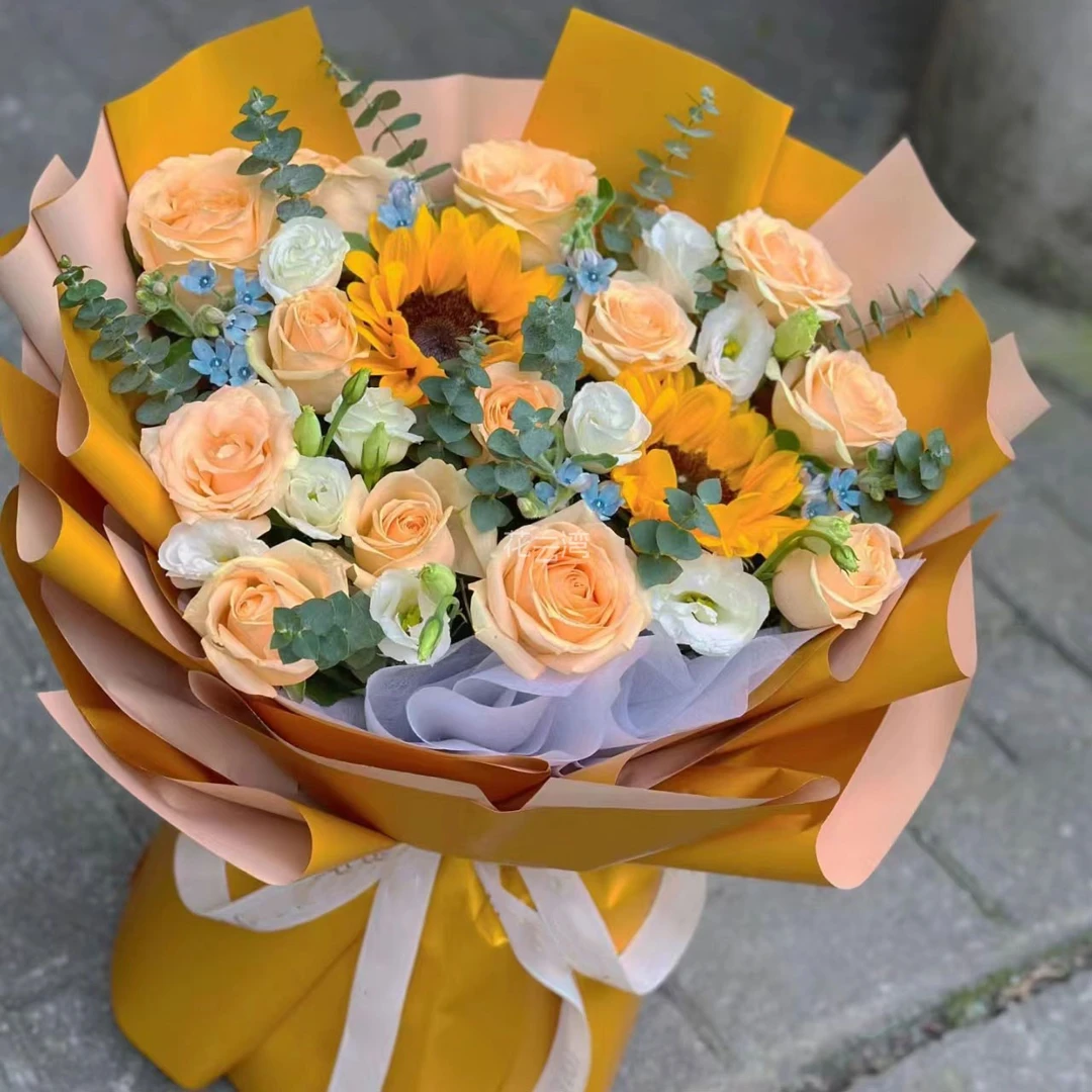 生日花♥美丽祝福【光】2枝向日葵搭配13枝香槟玫瑰毕业季生日送朋友送老师师生花束鲜花订购同城配送小时达冬日