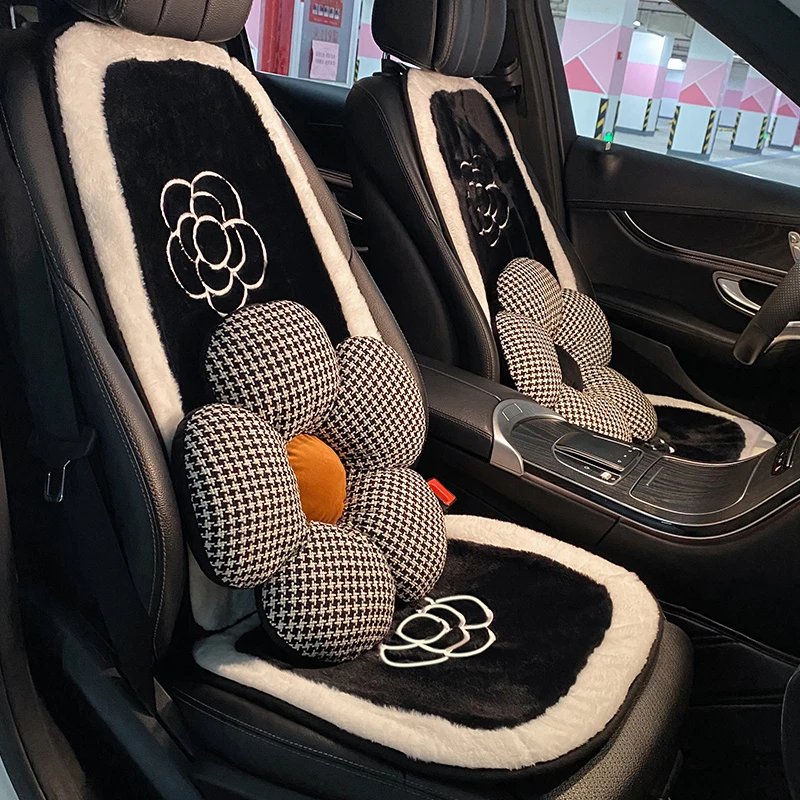 汽车坐垫冬季加绒加厚山茶花车内垫子冬天毛绒保暖靠背一体式座垫