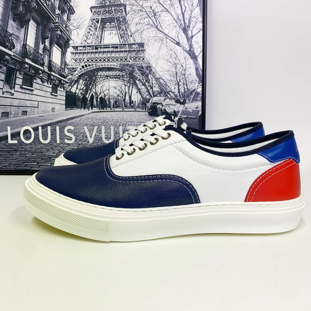 全新未使用 LouisVuitton/路易威登 LV蓝白拼接红尾板鞋真皮潮流