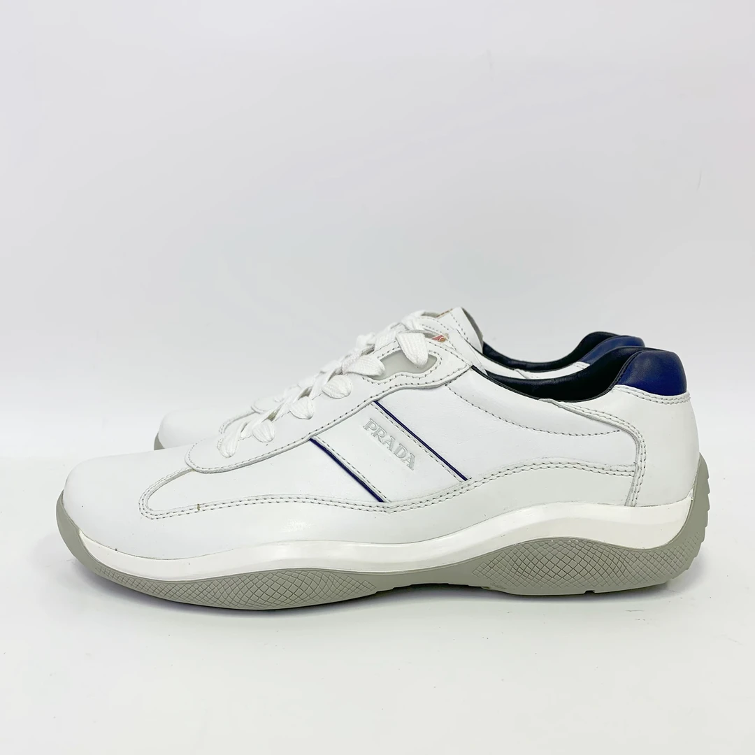 全新未使用 Prada/普拉达 Prada白色皮面带侧标红鞋舌蓝尾运动鞋
