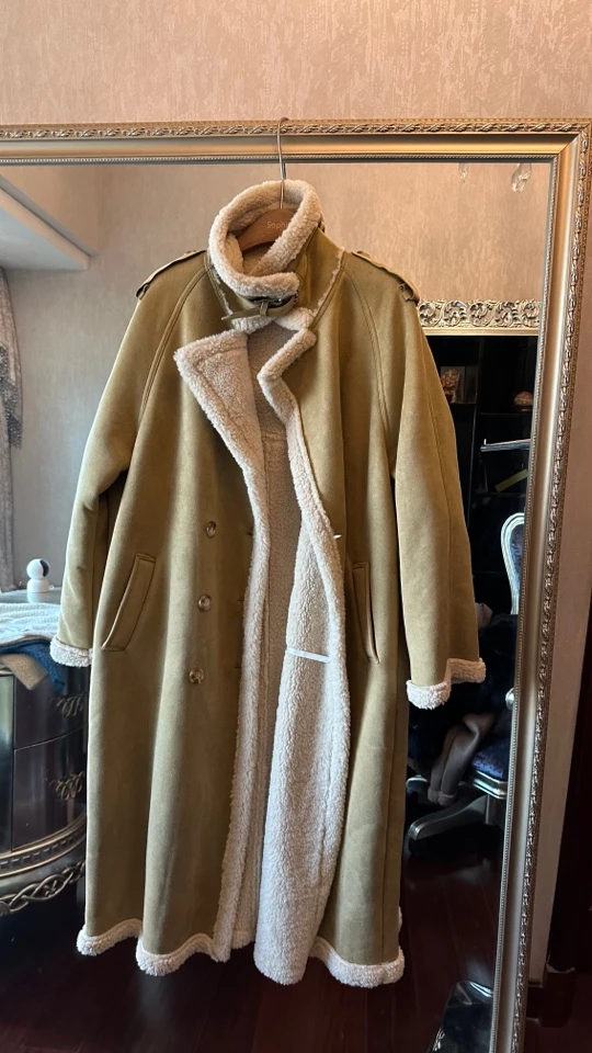 气质羊羔皮毛一体长款大衣外套加厚款保暖外套冬季翻领毛呢